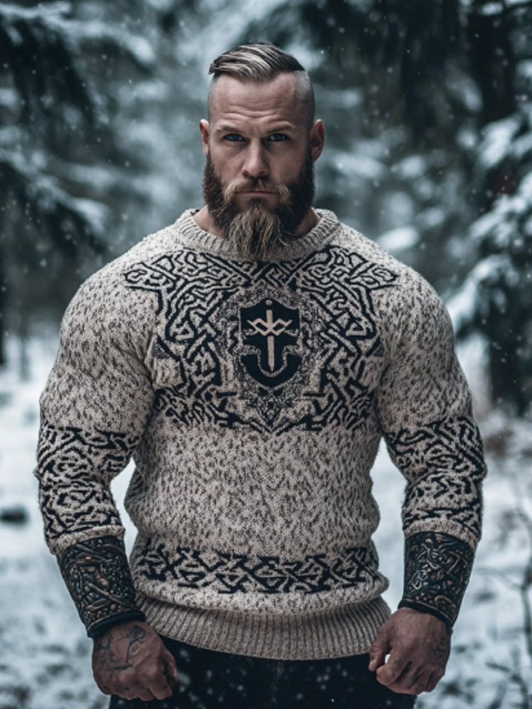 Men's Vintage Viking Style Thor's Hammer Print Jacquard Cozy Knit Hooded Sweater elevenforest