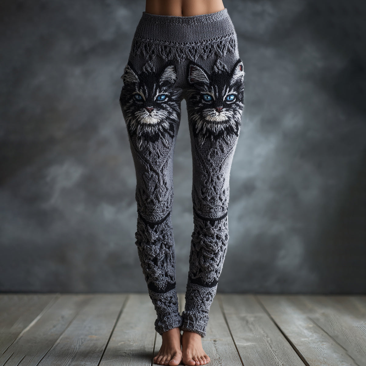 Women's Cute Cat Face Embroidered Art Cozy Knit Leggings elevenforest