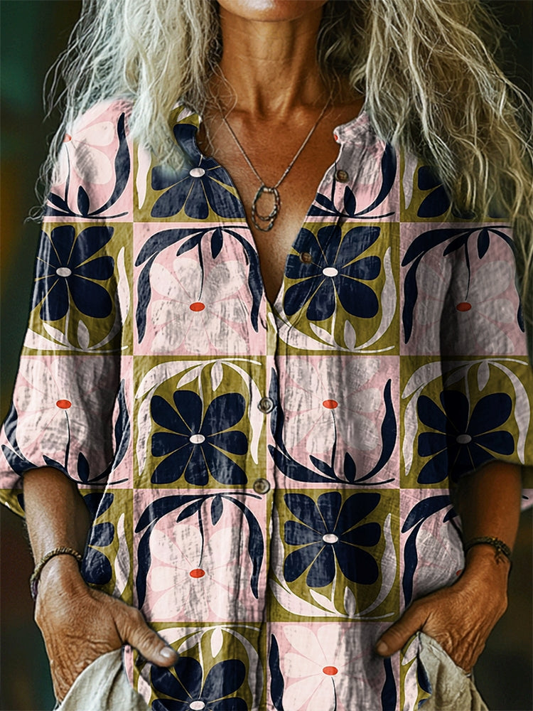 Women's Vintage Ethnic Floral Tattoo Pattern Art Print Casual Cotton L