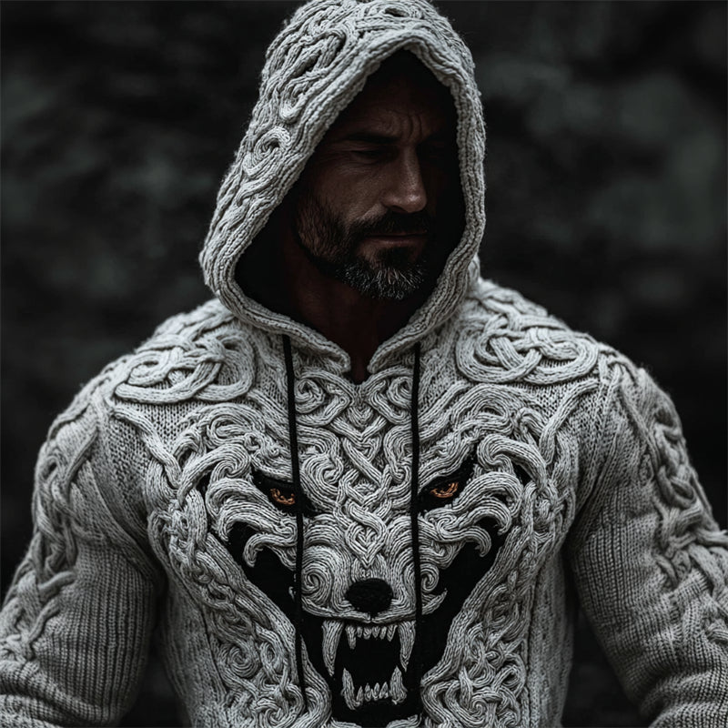 Men's Viking White Wolf With Fangs Celtic Chunky Hooded Sweater artswardrobe