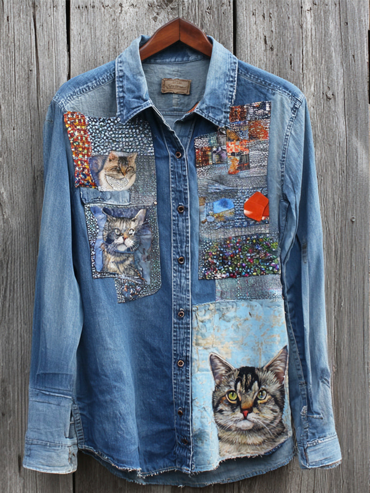 Boho Vintage Cat Head Art Women's Long Sleeve Denim Shirt elevenforest