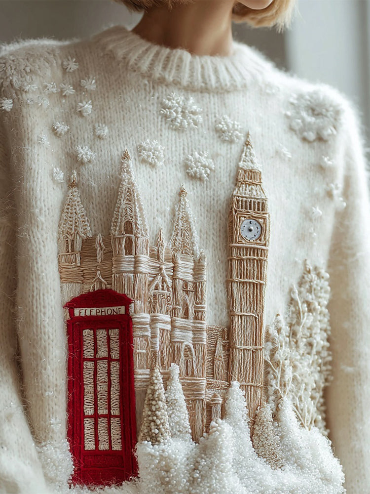 Vintage Christmas Snowy London Embroidered Cozy Sweater