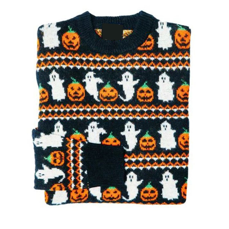 Retro Fall Pumpkin Ghost Halloween Printed Women's Sweater artswardrobe