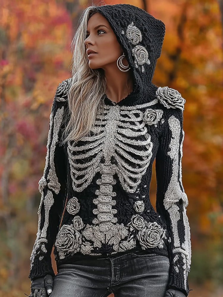 Classy Skeleton Roses Crochet Art Cozy Hooded Sweater artswardrobe