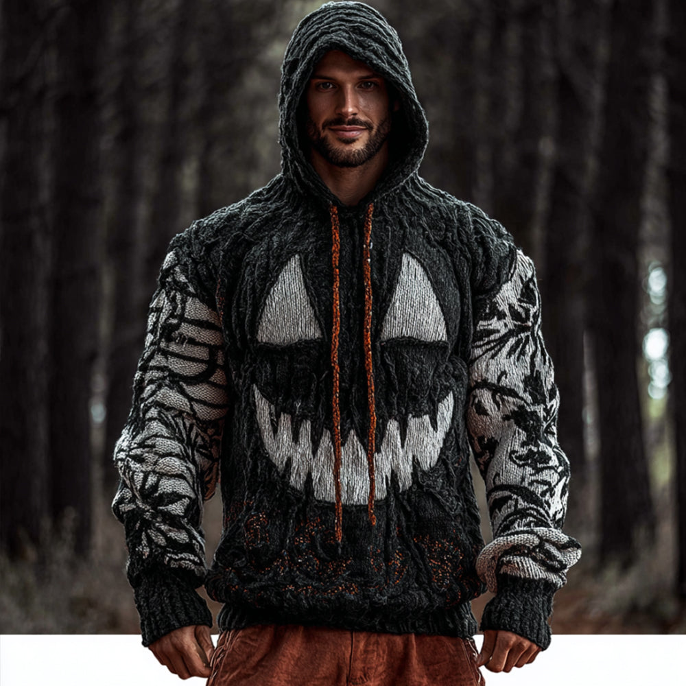 Halloween Pumpkin Emoji Black And White Two Tone Thick Hooded Sweater artswardrobe