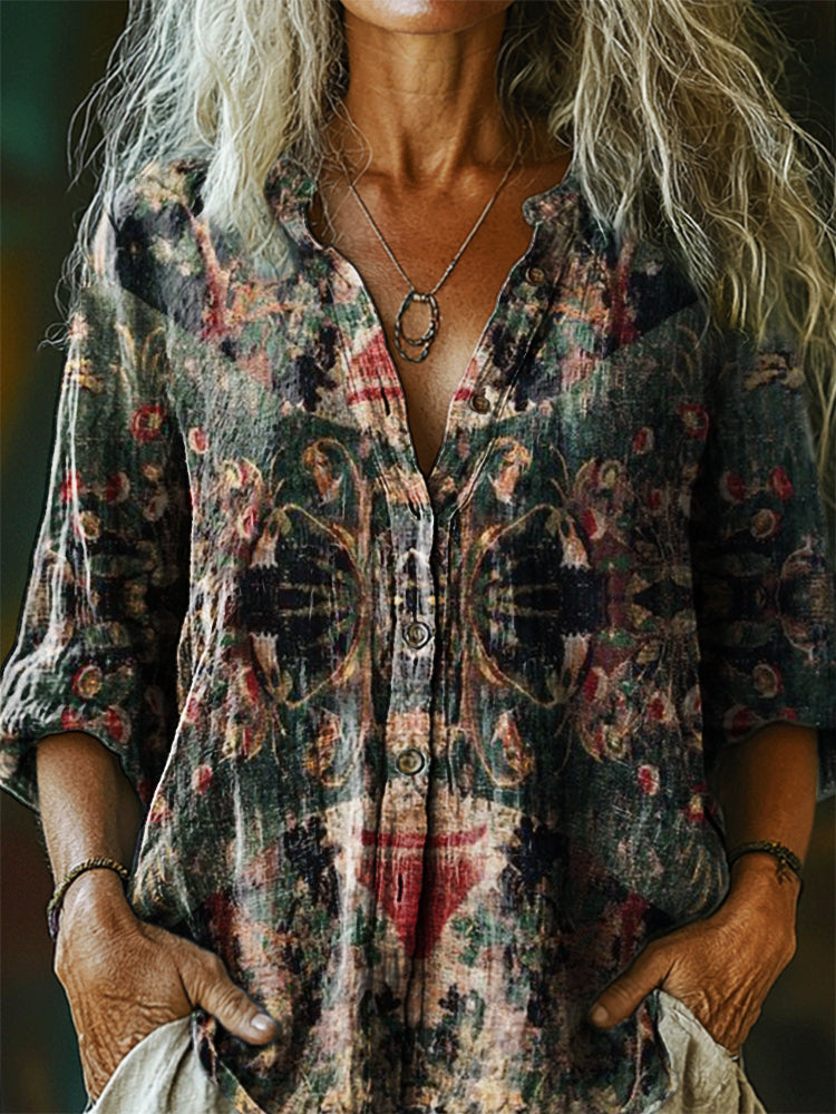 Women's Vintage Ethnic Floral Art Print Casual Cotton Linen Shirt