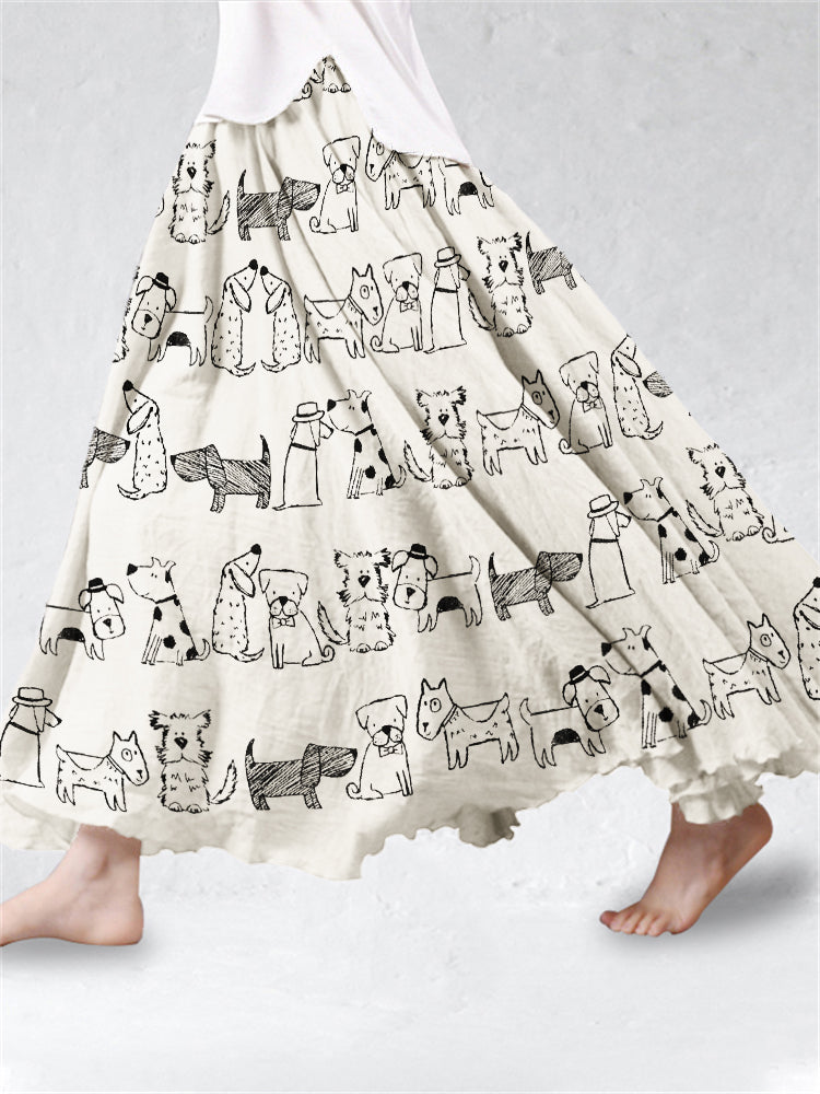 Comstylish Lovely Dogs Painting Pattern Flowy Wide Skirt