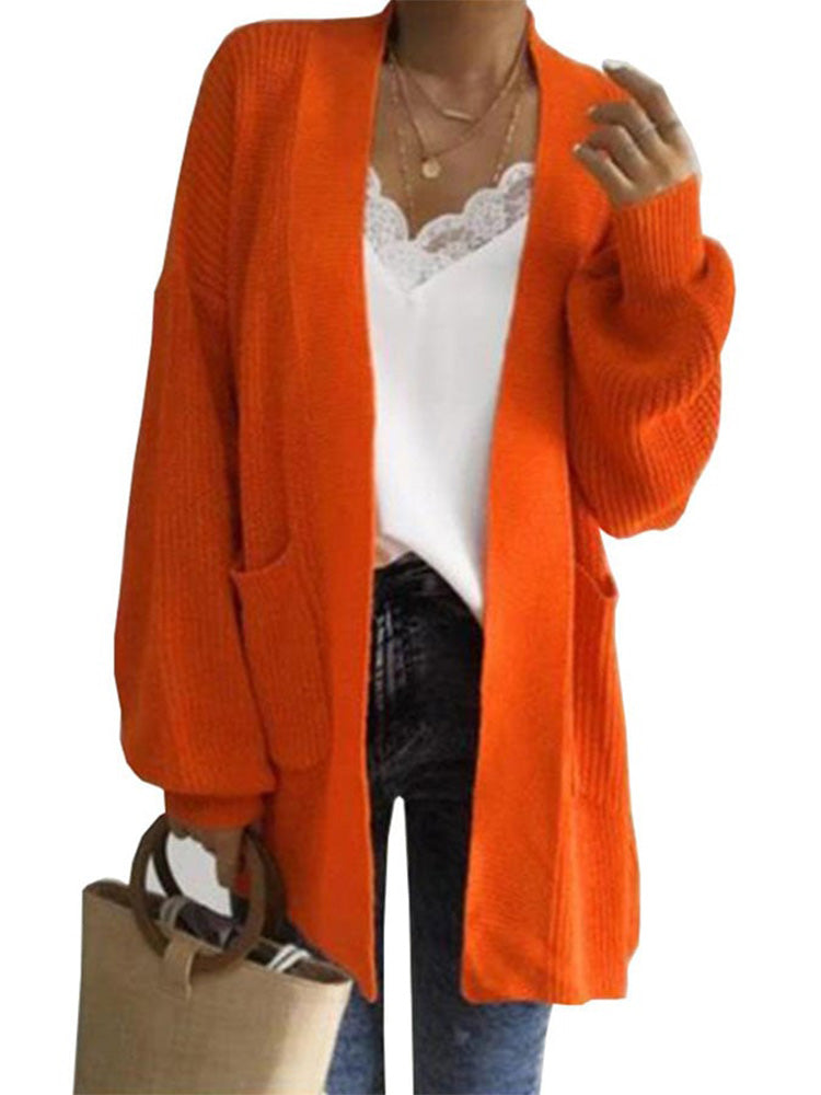 Solid Color Lantern Sleeve Sweater Cardigan artswardrobe