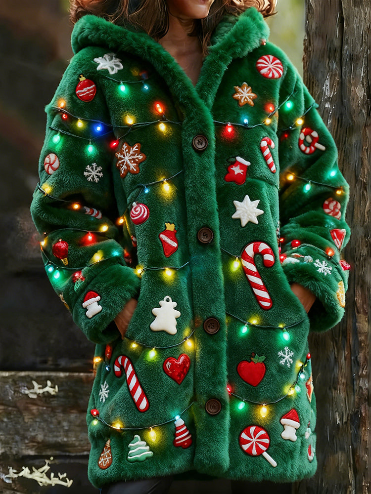 Comstylish Christmas Santa And Colorful Lights Fleece Long Hooded Cardigan