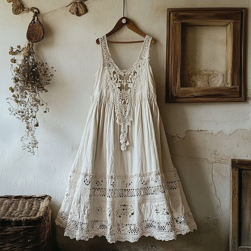 Vintage Lace Sleeveless Linen Blend Midi Dress artswardrobe