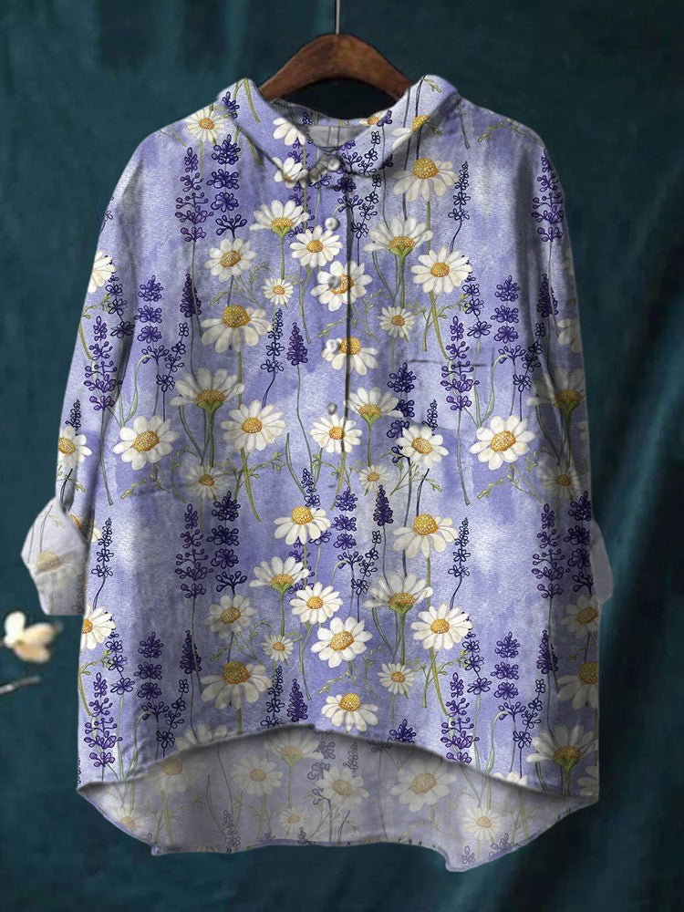 Ink Painting Flowers Daisy Plants Printed Cotton And Linen Shirt