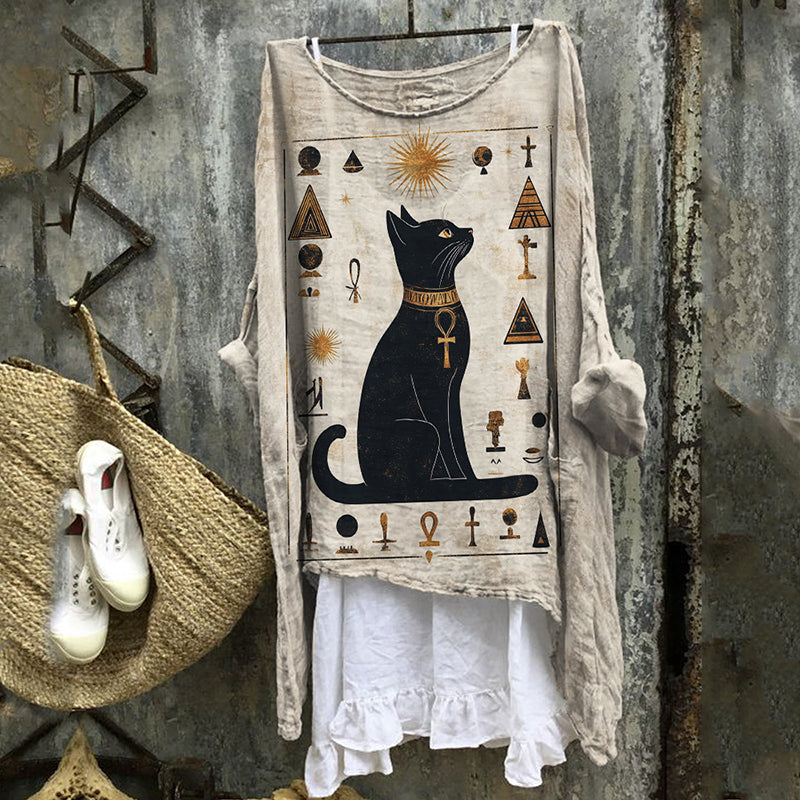 Black Cat Ancient Egyptian Art Flowy Linen Tunic elevenforest