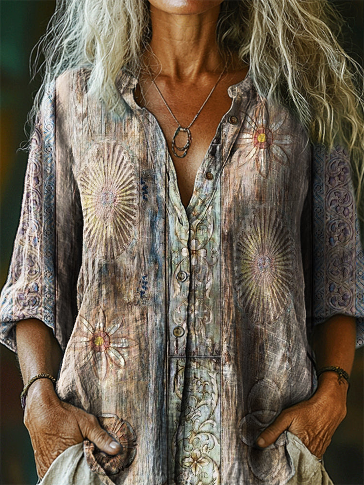 Women's Vintage Bohemian Floral Art Print Casual Cotton Linen Shirt