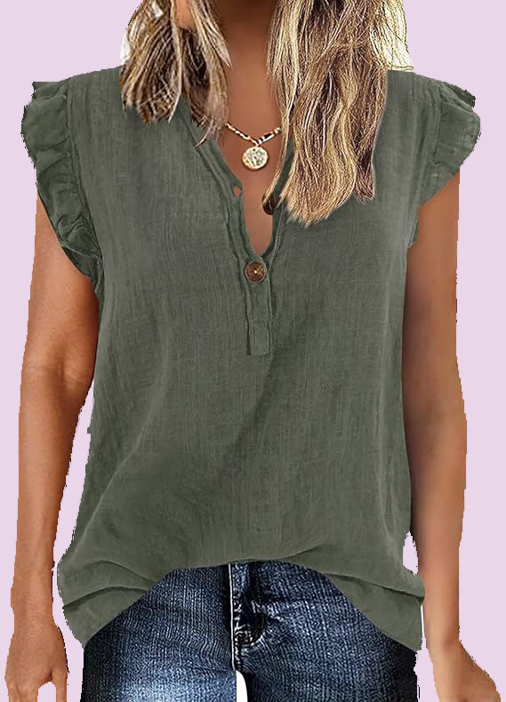 V-neck Button Up Short Sleeved Solid Cotton Linen Top