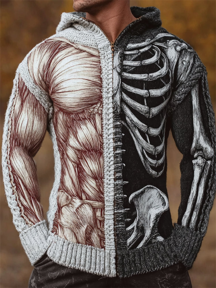 Men's Halloween Muscle & Skeleton Anatomy Contrast Full Zip Hooded Cardigan artswardrobe
