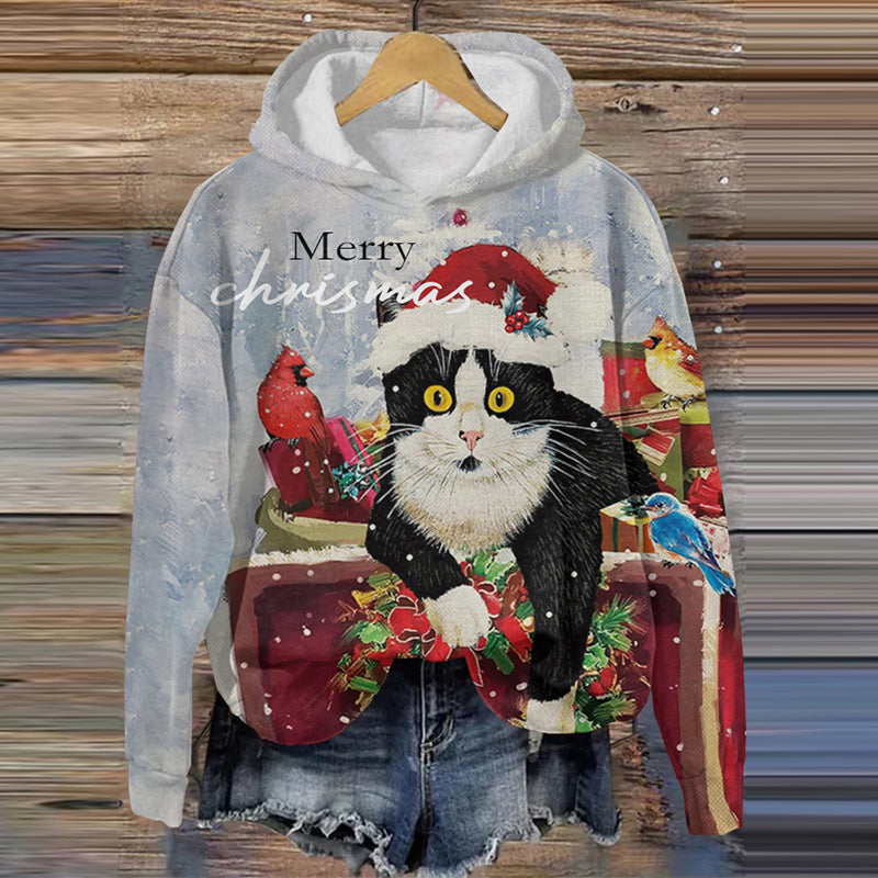 Christmas Cat Print Casual Hoodie elevenforest