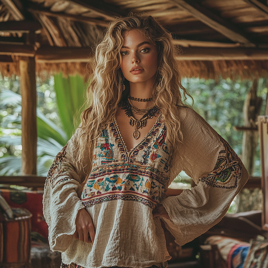 Retro Boho Tribal Embroidery Print Cotton And Linen Blend Loose Blouse artswardrobe