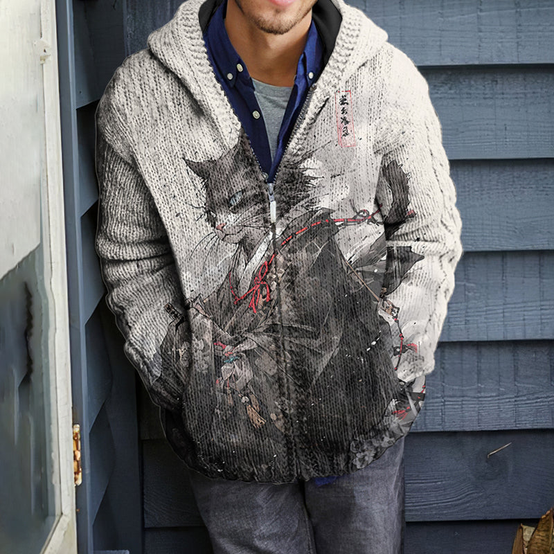 Japan Cat Kimono Samurai Ink Art Icelandic Cozy Knit Hooded Cardigan elevenforest