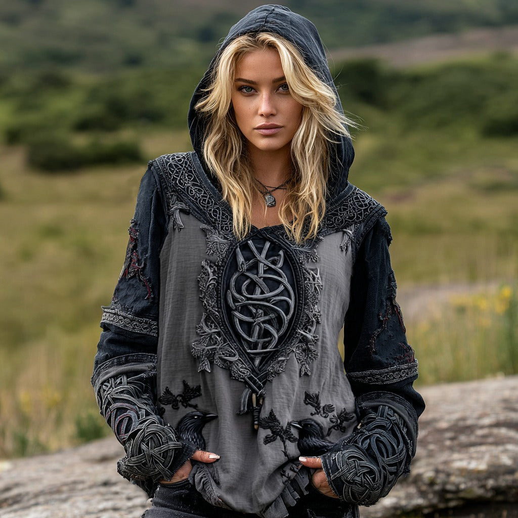 Comstylish Viking Raven And Celtic Knot Patchwork Inspired Tribal Cotton And Linen Hoodie