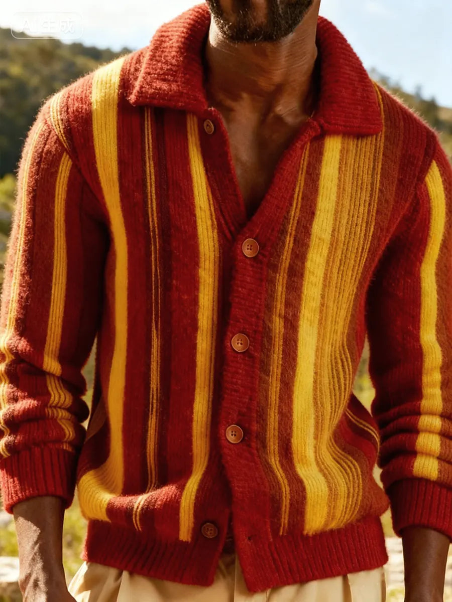 Retro Striped Print Knitted Collar Cardigan Sweater