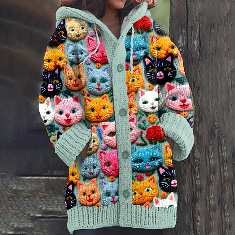 Cute Cats Embroidered Pattern Cozy Hooded Knit Sweater elevenforest