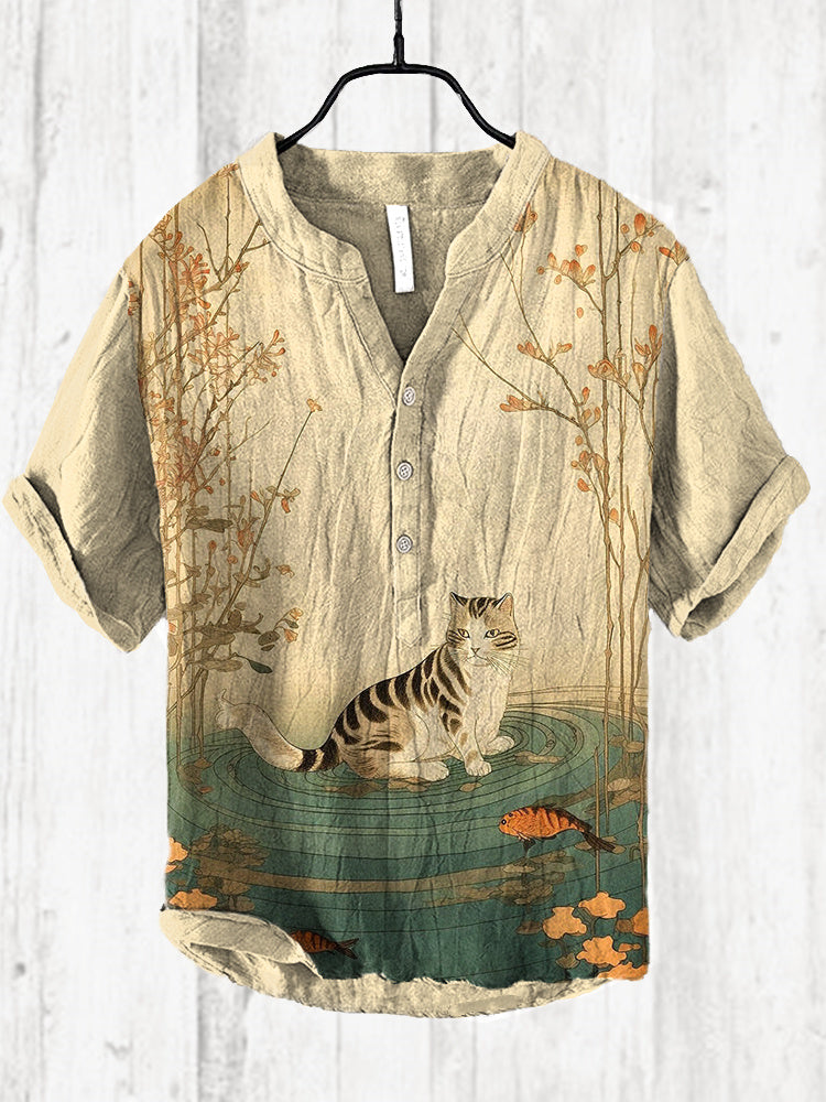 Vintage Japanese Art Cat Print Cozy Cotton Linen Shirt elevenforest