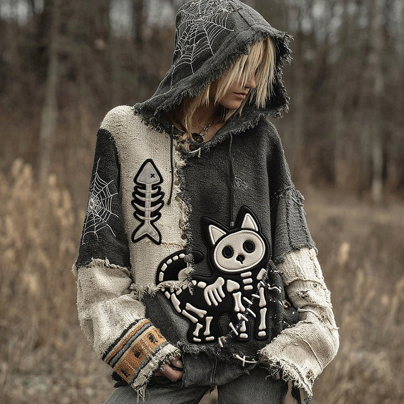 Halloween Black Cat Skeleton Contrast Stitched Hooded Cozy Knit Sweater artswardrobe