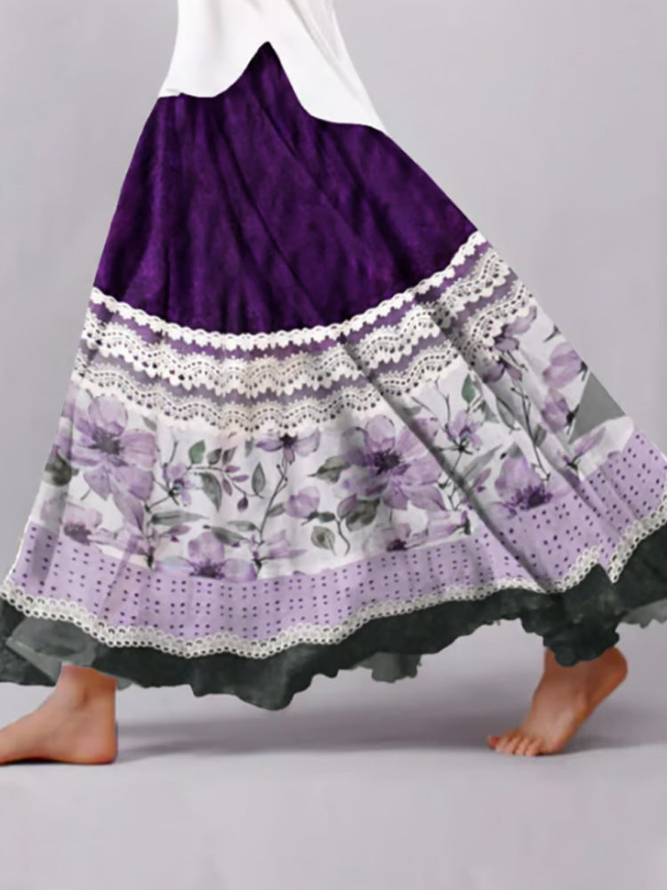 Women's Retro Casual Purple Floral Splicing Skirt artswardrobe