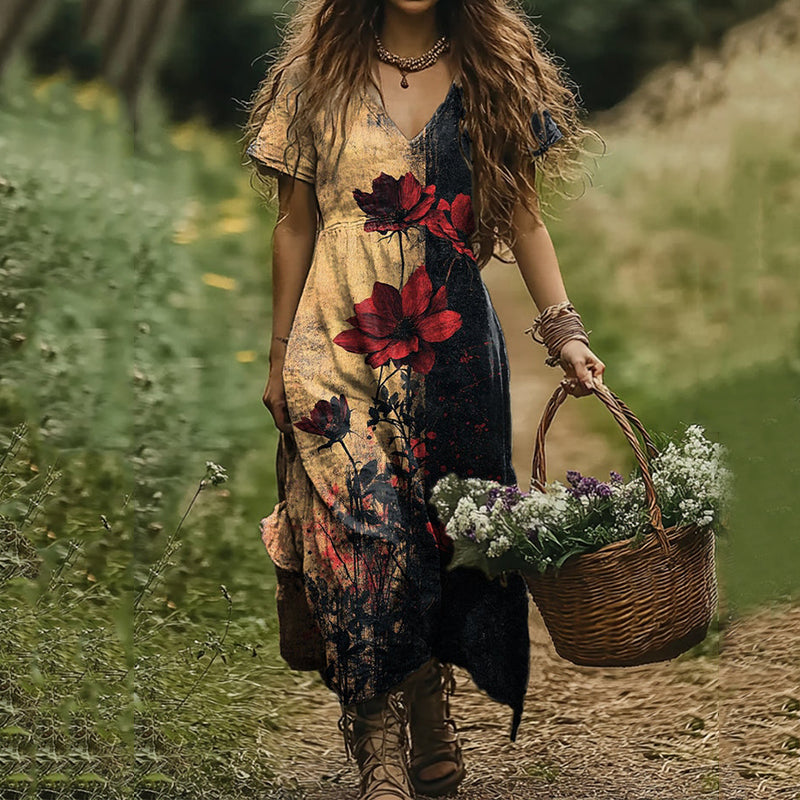 Women's Retro Rose Flower Art Print V-neck Linen Blend Midi Dress artswardrobe