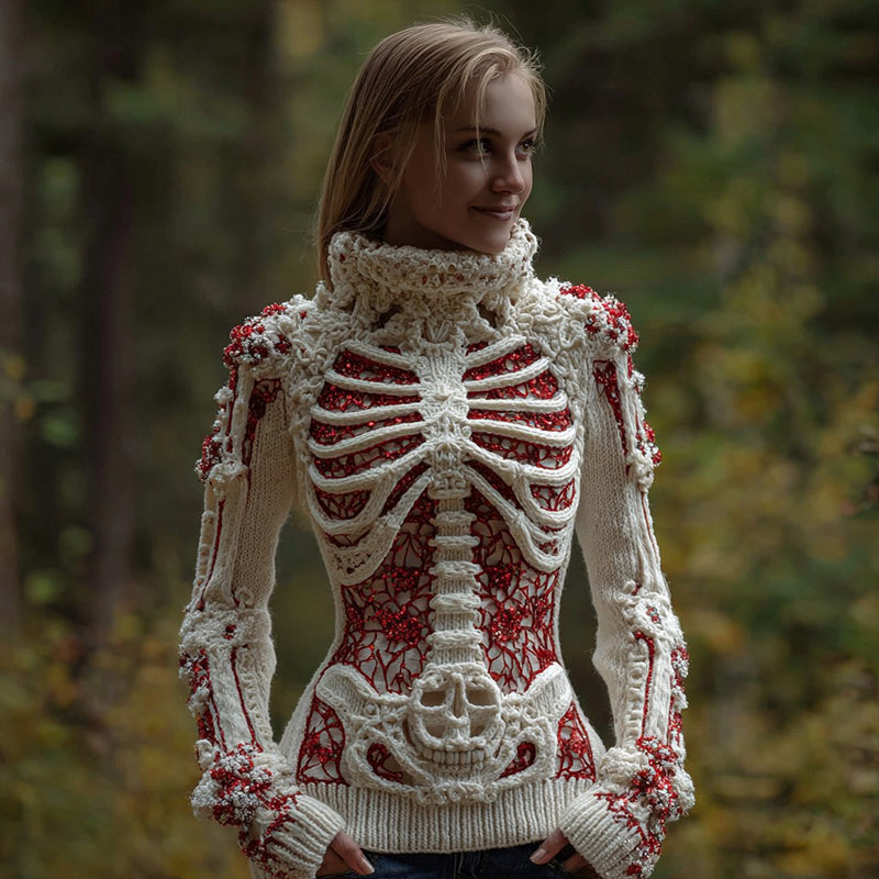 Women's Halloween Sequined Skull Cozy Knit Turtleneck Sweater artswardrobe