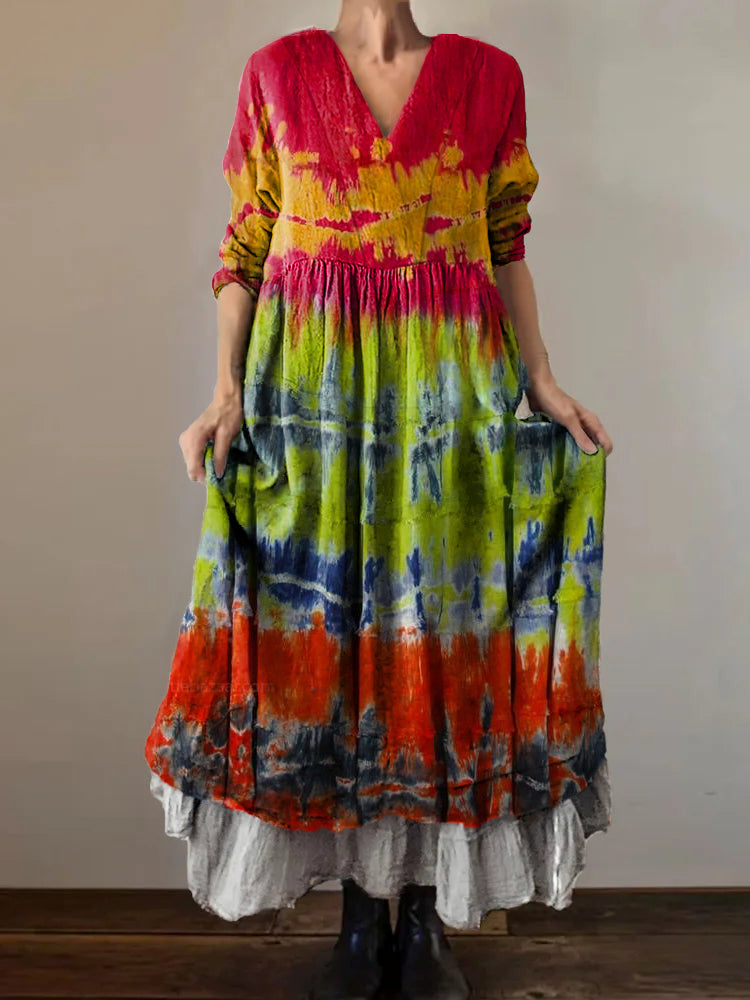 Women's Tie-Dye Colorblocked Pattern Art Print V-Neck Button Pocket Co