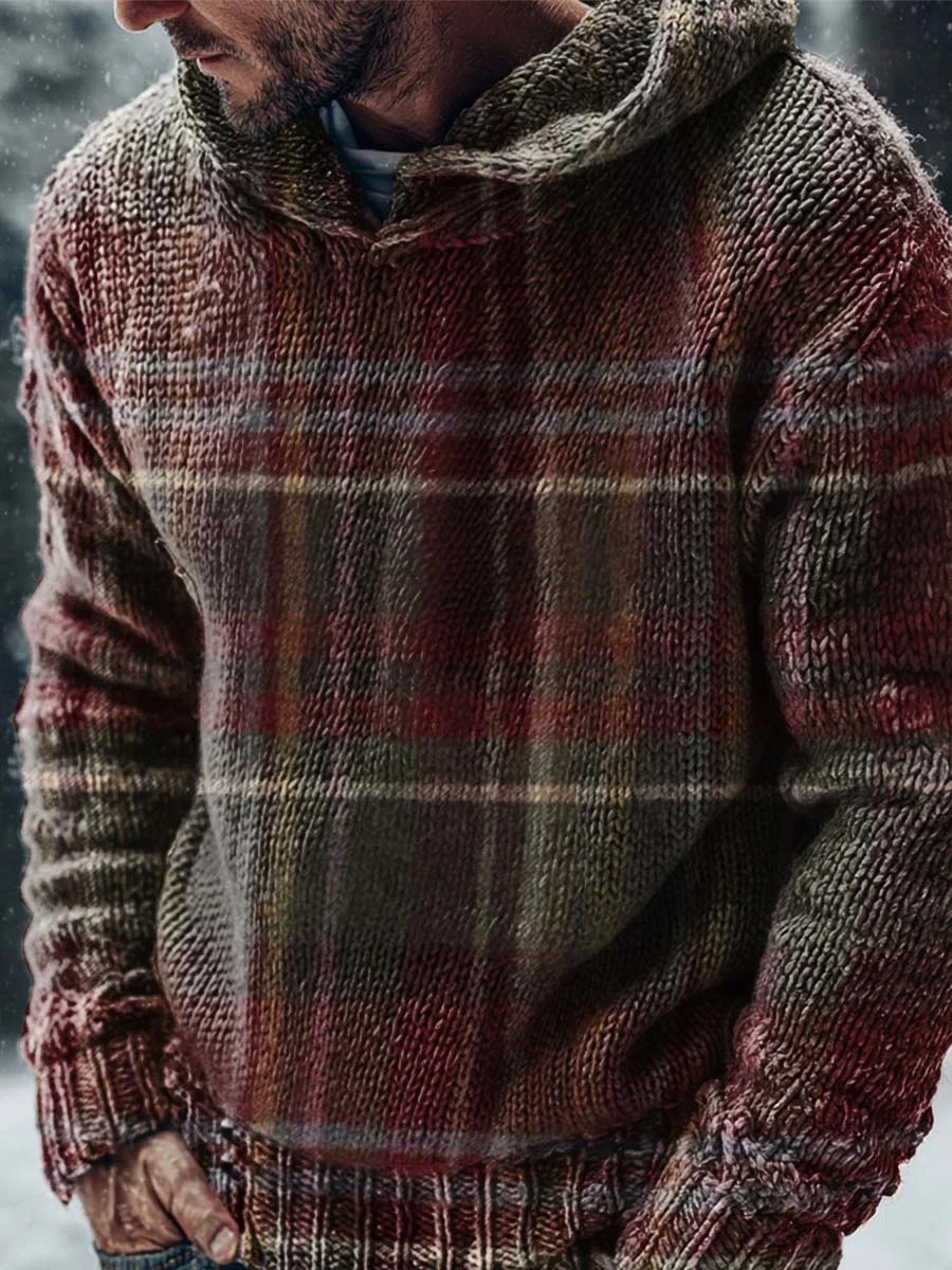 Vintage Plaid Print Casual Knitted Hoodie Sweater artswardrobe