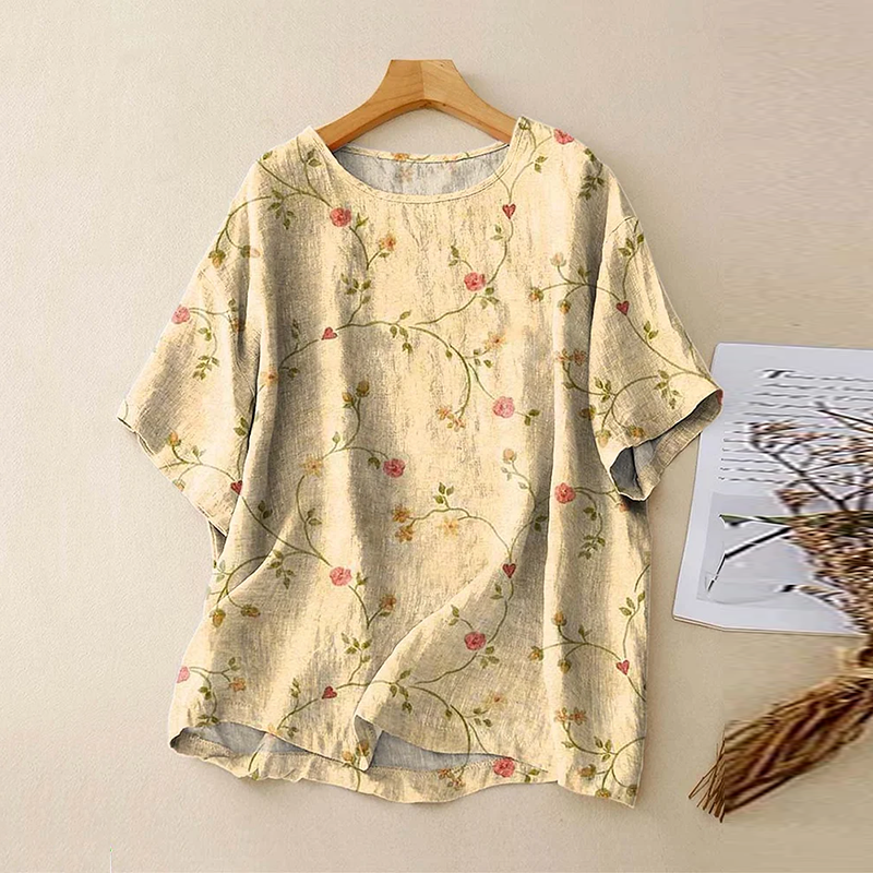Vintage Abstract Geometric Flower Linen Art Print Short Sleeve Round Neck Shirt artswardrobe
