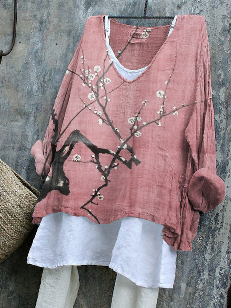 Comstylish Plum Blossom Japanese Art Linen Blend Tunic