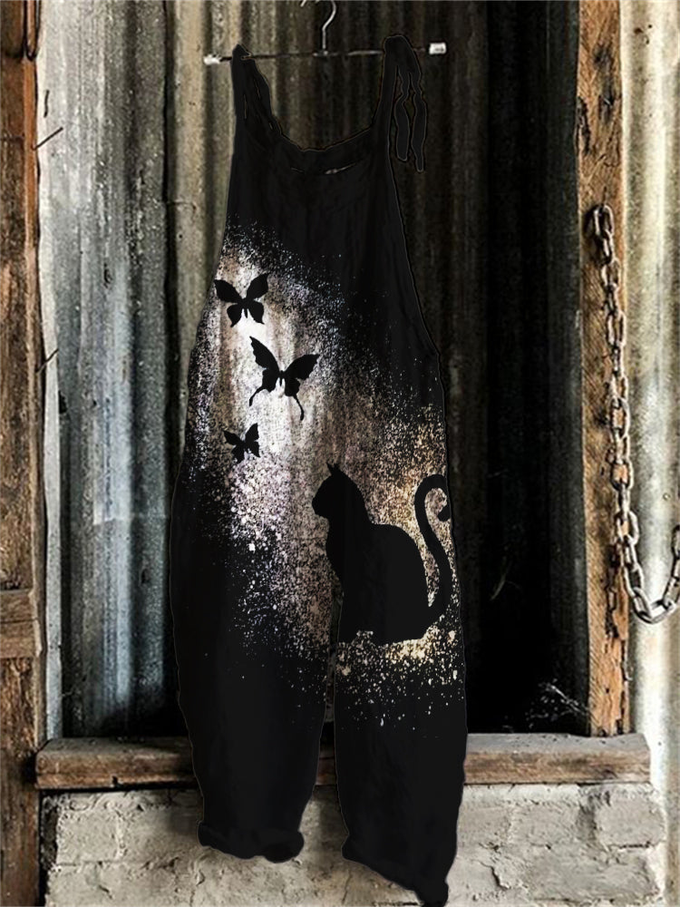 Cat & Butterfly Silhouette Bleached Loose Fit Jumpsuit elevenforest