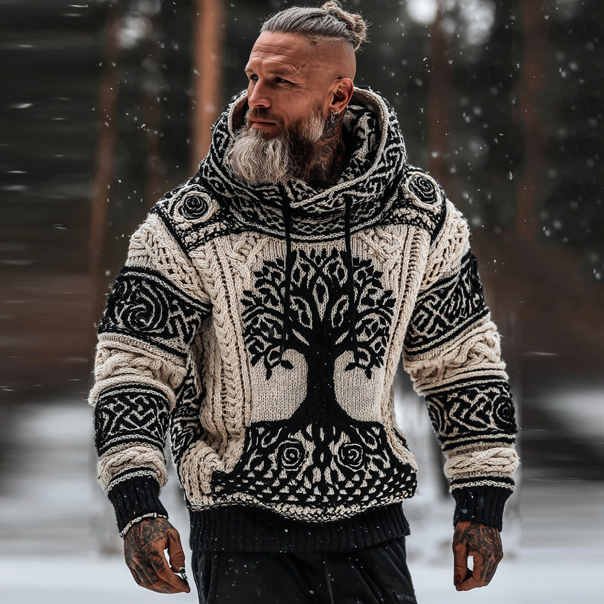 Men's Viking Tribal Jacquard Celtic With Rose And Tree Of Life Inspired Chunky Knit Hooded Sweater artswardrobe