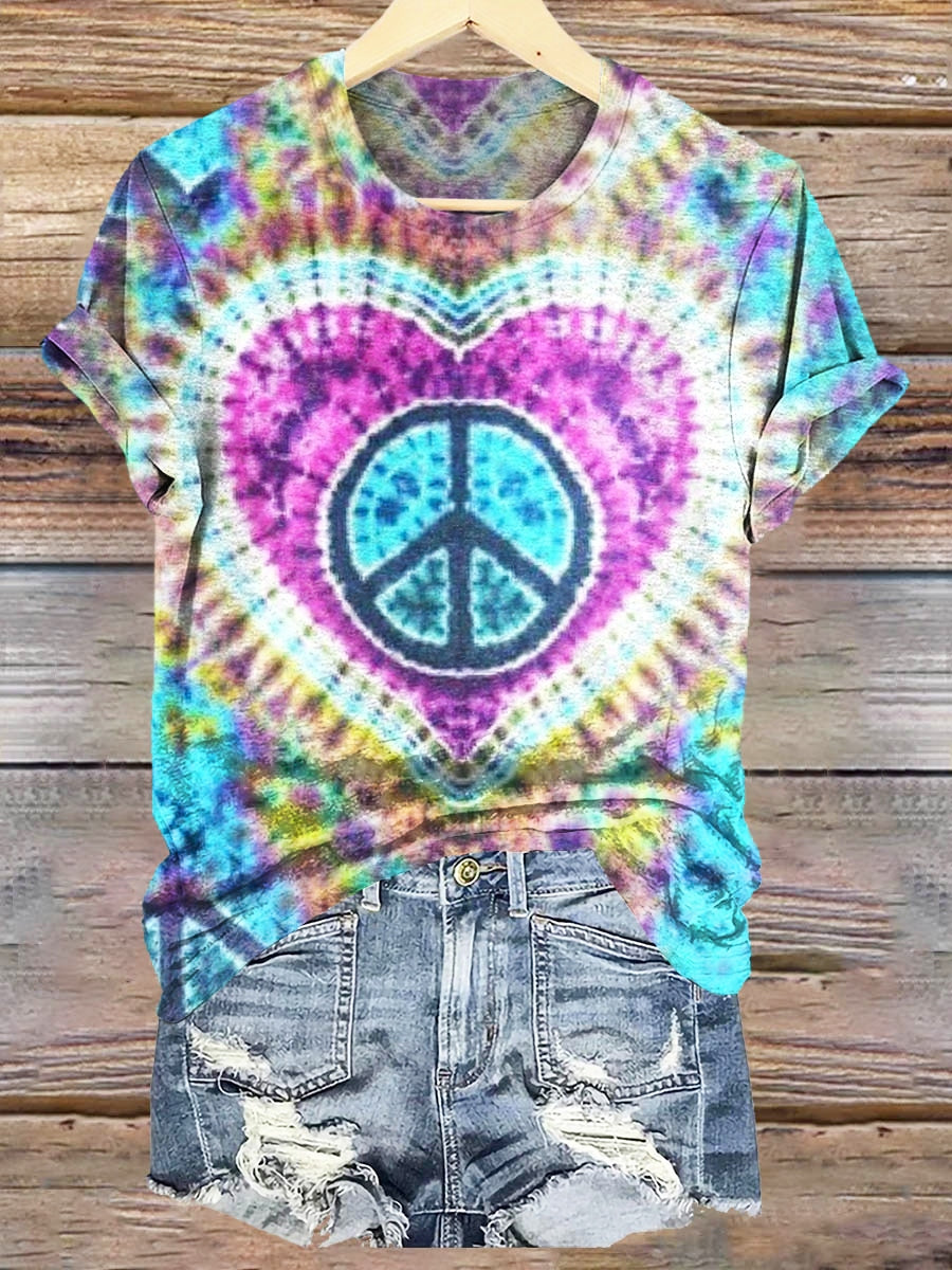 Women's Hippie Heart Peace Sign Tie-Dye Patterns Print Crew Neck T-shi