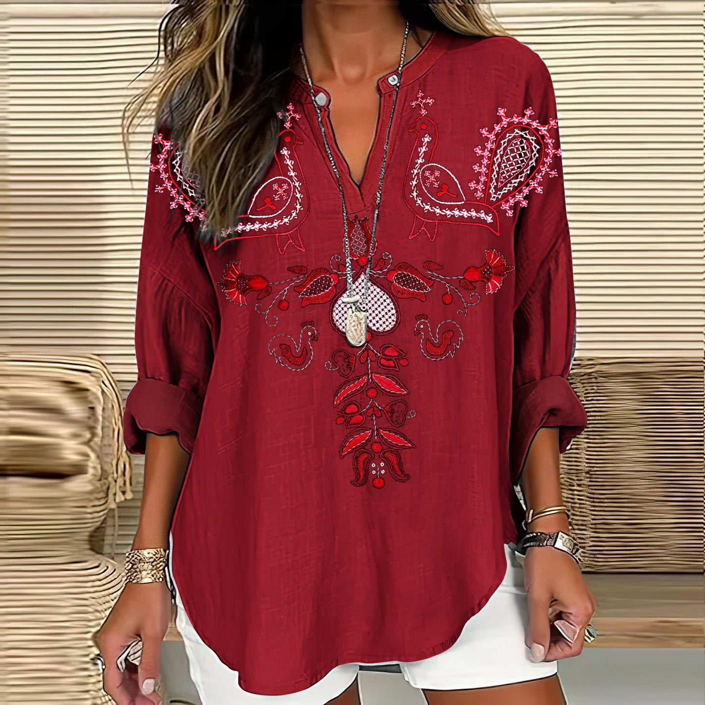 Women's Vintage Ethnic Kutch Embroidery With Flowers And Birds V-neck Shirt artswardrobe