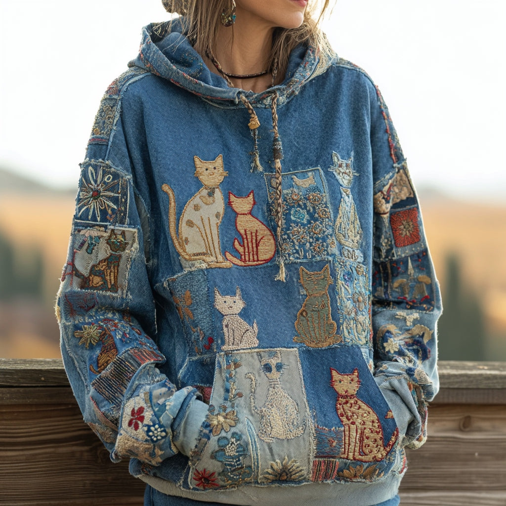 Comstylish Women's Denim Patchwork Cute Cat Bohemian Floral Print Hoodie
