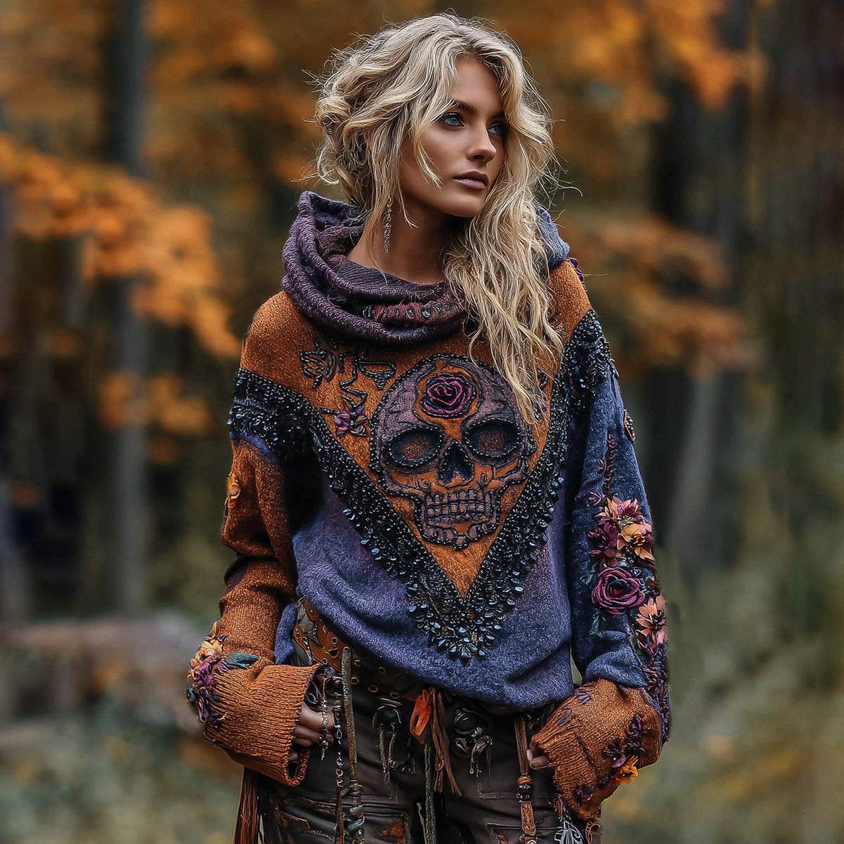 Rose Skull Gothic Color-block Hooded Sweater elevenforest