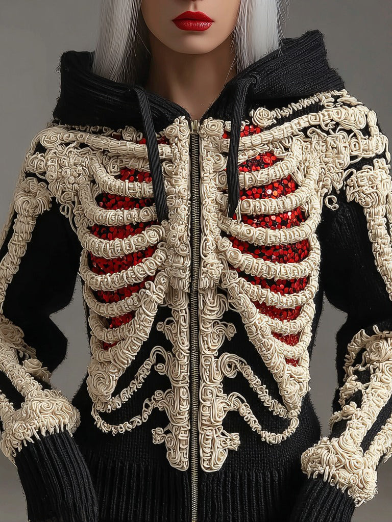 Halloween Skull Sequin Art Knit Zipper Hooded Sweater artswardrobe