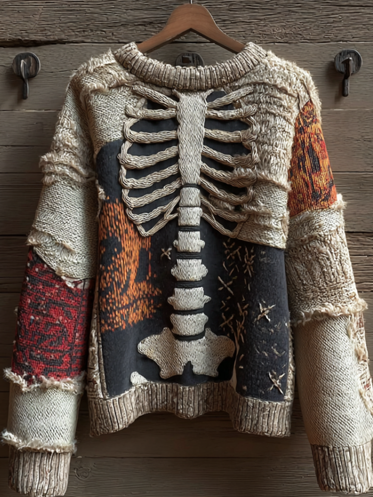 Halloween Skeleton Man Pattern Knit Round Neck Sweater artswardrobe