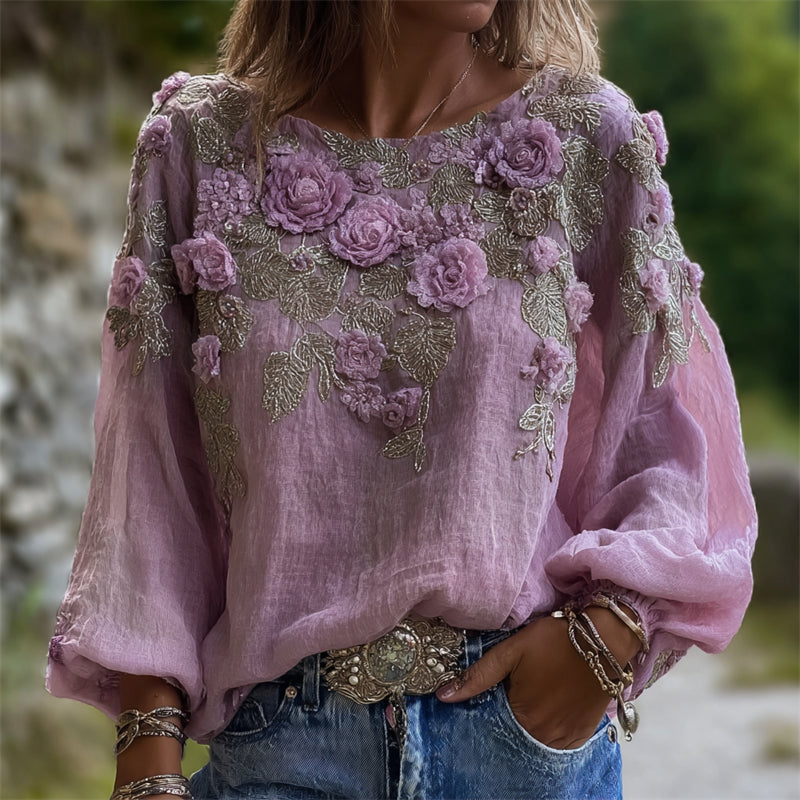 Comstylish Vintage Lavender Roses Glitter Embroidered Linen Tunic