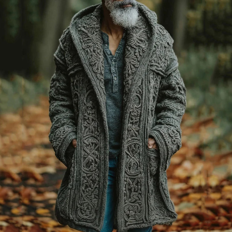 Men's Vintage Celtic Knot Jacquard Midi Hooded Sweater Cardigan artswardrobe