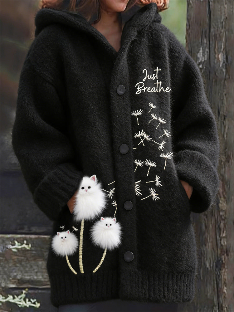 Comstylish Just Breathe Fuzzy Cats Dandelion Cozy Hooded Cardigan