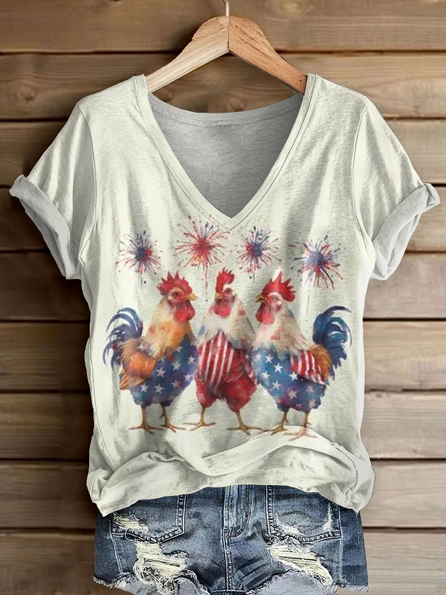 Women's Independence Day Funny Rooster Print Casual V-Neck Cotton T-Sh