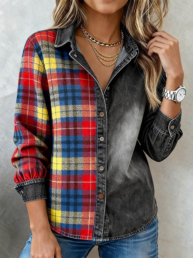 Women'S Casual Contrast Plaid Patchwork Shirt