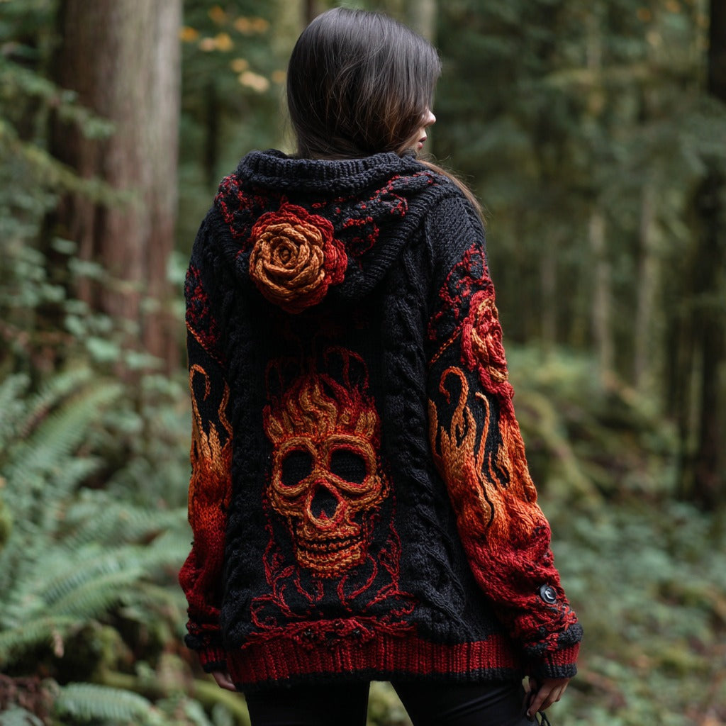 Women's Vintage Flame Skull And Flower Art Cozy Knit Jacquard Hooded Sweater elevenforest