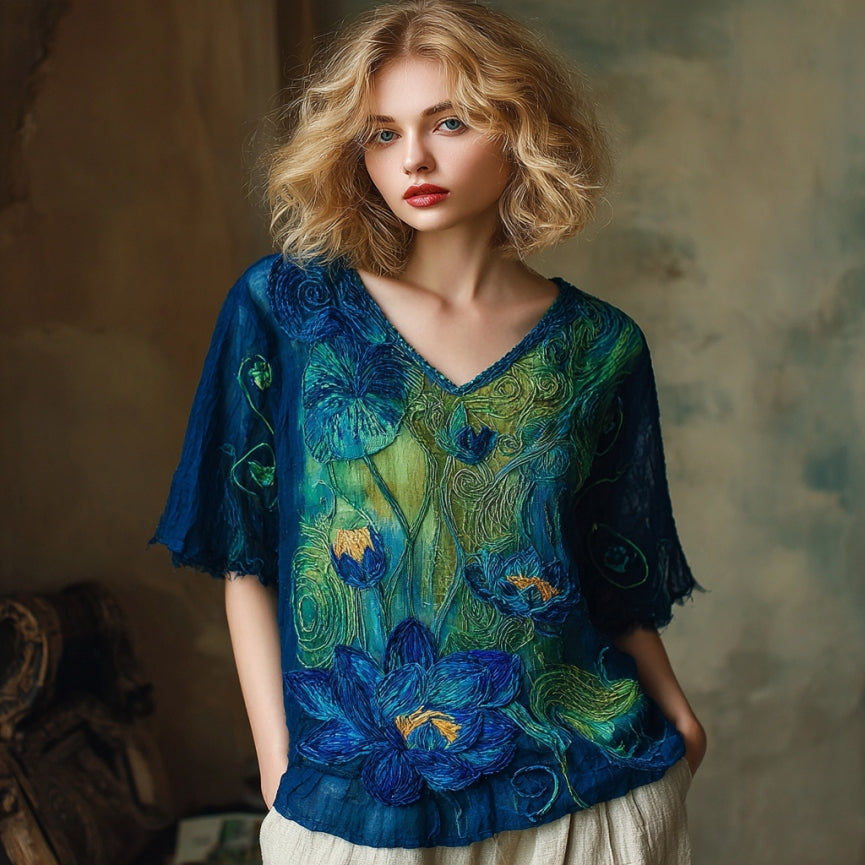 Women's Vintage Lotus Floral Landscape Art Embroidery Sleeve Shirt artswardrobe