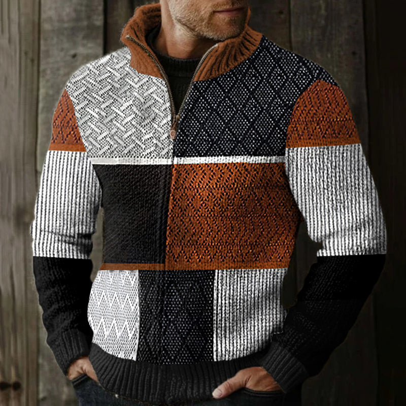 Men's Retro Tribal Western Textured Pattern Patchwork Zipper Sweater artswardrobe